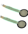 Two round FSR402 force-sensing resistors on green flex leads for Arduino projects