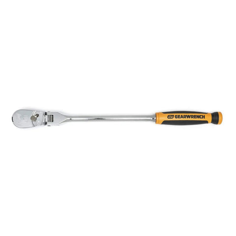 Two Piece Ratchet Set With One Quarter And Three Eighth Inch Drives 90 Tooth Cushion Grip Flex Head Teardrop Low Profile Design