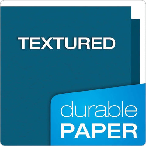 Blue Two Pocket Folders With Two Fasteners For Letter Size Papers Holds Up To 135 Sheets Includes Die Cut Business Card Pocket 25 Folders Per Box Great For School And Office Use Workhorse, showing textured durable paper.
