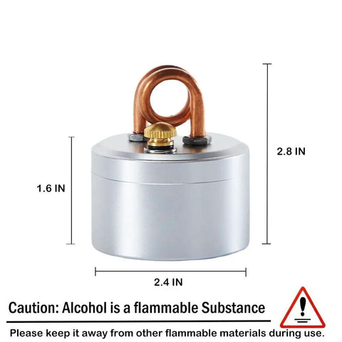 Ultra Lite Alcohol Camping Stove With Stand Tiny But Mighty 50ml Denatured Alcohol Burner, dimensions labeled, safety warning.