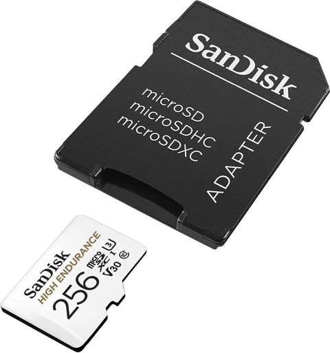 256GB High Endurance MicroSDXC Card with Adapter for Dash Cams and Home Monitoring Systems, C10 U3 V30 4K UHD Ready shown on white background
