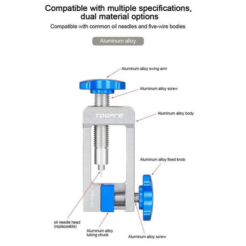 Bike Disc Brake Olive Connector And Needle Driver Kit Tool in aluminum alloy, showcasing parts like swing arm and screw, labeled diagram