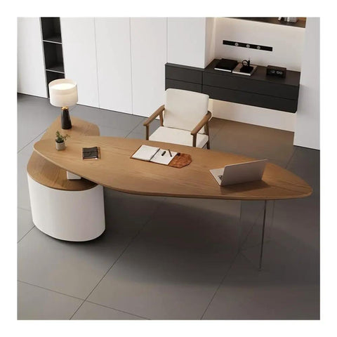 Heavy Duty Standing Desk With Side Cabinet Storage Modern Ash Wood Executive Office Workstation For Gaming And Study Flexible Layout With Ergonomic Monitor Riser 240cm Surface displayed from above with laptop, chair, and lamp.