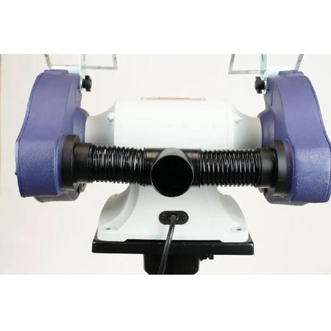Front view of Badass 8 Inch Bench Grinder With 1 Horsepower Motor And 115 230V Dual Voltage Setup featuring dust collection hose.