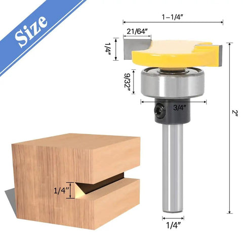 T Slot Router Bit With Bearing For Woodworking One Quarter Inch Shank Slot Cutter size dimensions and wood groove example