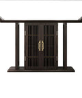 Antique wooden cabinet with Chinese style design, featuring vertical slatted doors and ornate upper corners.