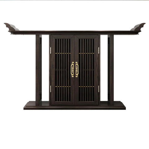 Antique wooden cabinet with Chinese style design, featuring vertical slatted doors and ornate upper corners.