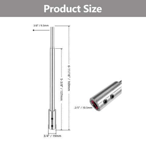 Heavy Duty Six Inch Forstner Bit Extension Rod For Deep Hollow Woodworking, showing size dimensions and steel design features.