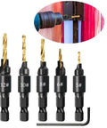 Five Piece Countersink Drill Bit Set For US Wood Screws Includes Size 5, 6, 8, 10, 12, shown with adjustable depth feature.