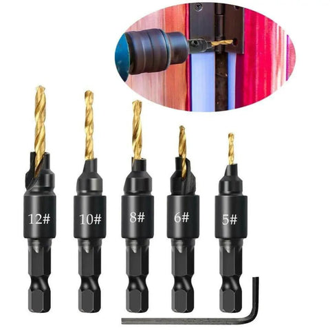 Five Piece Countersink Drill Bit Set For US Wood Screws Includes Size 5, 6, 8, 10, 12, shown with adjustable depth feature.