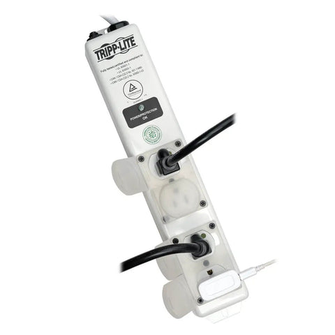 Medical Grade Surge Protector Power Strip with Four Outlets, 15 Feet Cord, NEMA 5-15P-HG Plug, showing two plugs connected