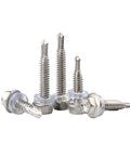 Close-up of 10 Pcs Stainless Steel Washer Head External Hex Self Drilling Tapping Screws Set Assortment Kit M4.2 To M6.3