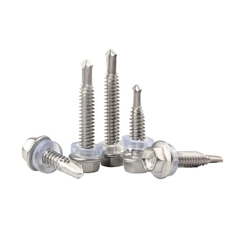 Close-up of 10 Pcs Stainless Steel Washer Head External Hex Self Drilling Tapping Screws Set Assortment Kit M4.2 To M6.3