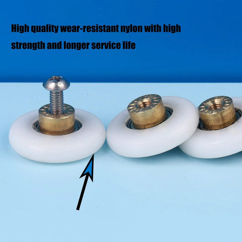 Six Pcs Shower Door Rollers With Copper Core And POM Wheels, Stainless Steel Screws on Blue Background
