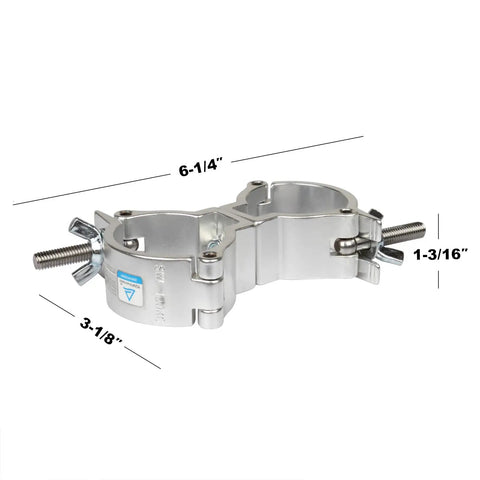 4 Pack Silver Swivel Double Truss Clamps For 2 Inch Truss System Built Tough Aluminum Alloy 220 Pound Max Load 360 Degree Swivel Dual Hinged Couplers For Flexible Cross Connection And Angled Mounting. silver double truss clamp with 2-inch opening and threaded bolts