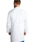 Back view of Mens Luke Lab Coat With Five Pockets And Two Way Stretch Fabric For All Day Comfort In A Traditional Long White Doctor Coat Style With Relaxed Fit Great Over Scrubs Or Workwear For Medical Pros.