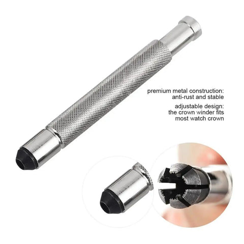 Silver Watch Crown Winder 3-4.5mm, Metal Adjustable Mechanical Winding Tool with close-up of interchangeable tip