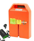 Upgrade Your PTE20N Electric Pallet Jack With This Rock Solid 48V 20AH LiFePO4 Lithium Battery Pack Featuring Compact 378X280X75mm Design. Orange battery case with charger.