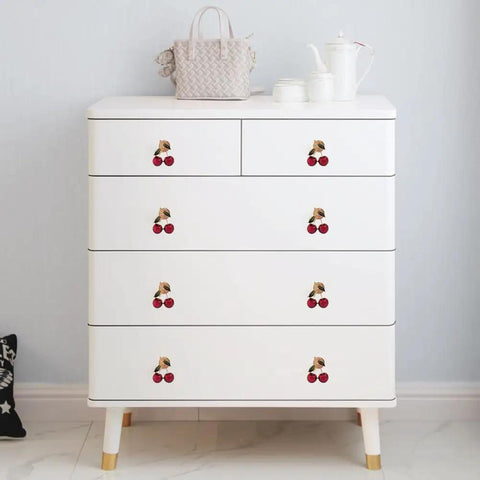 Dope Red Cherry Cabinet Knobs Pack For Kitchen Drawers And Dressers, Sturdy Zinc Alloy Furniture Pulls With Quick Single Hole Installation, Fresh High Quality Home Hardware Refresh on a white dresser.