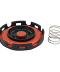 PCV valve diaphragm repair kit with membrane; orange diaphragm, black housing, metal coil spring.