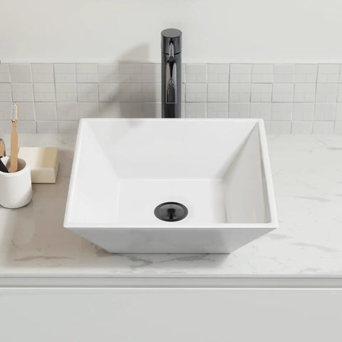 White Square Ceramic Countertop Vessel Sink For Bathroom 16 By 16 By 4.92 Inches Durable Ceramic With No Fuss Surface Mount Installation Sleek Modern Vanity Upgrade For A Fresh Look