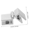 Angled view of chrome glass door hinge with mounting blocks and hinge pin; cabinet/bookcase hardware, about 5.4 cm long.