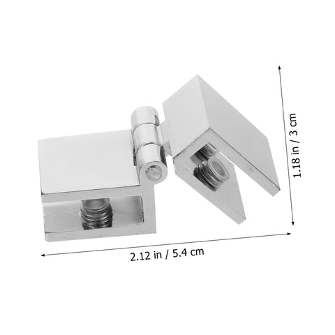 Angled view of chrome glass door hinge with mounting blocks and hinge pin; cabinet/bookcase hardware, about 5.4 cm long.