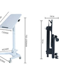 Height Adjustable Rolling Laptop Stand With Locking Casters Sleek Tilt Bed Desk For Sofa showing dimensions and design features.