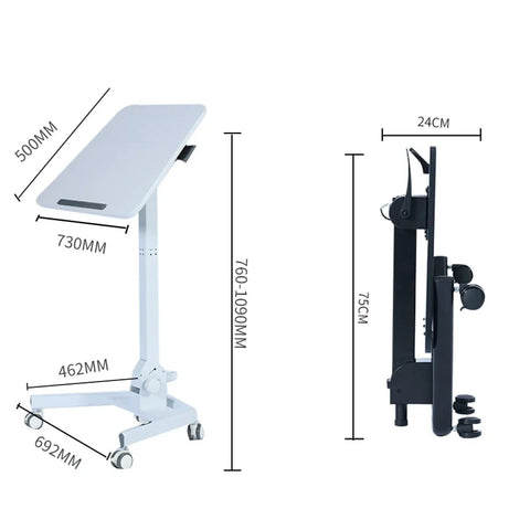 Height Adjustable Rolling Laptop Stand With Locking Casters Sleek Tilt Bed Desk For Sofa showing dimensions and design features.