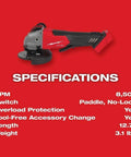Specifications sheet for Heavy Duty Brushless Cordless Angle Grinder Kit 4 5 Inch 5 Inch 18 Volt with features highlighted.
