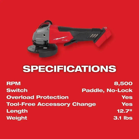 Specifications sheet for Heavy Duty Brushless Cordless Angle Grinder Kit 4 5 Inch 5 Inch 18 Volt with features highlighted.