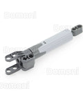 Lego-compatible gray linear actuator with mounting bracket and axle holes, side view