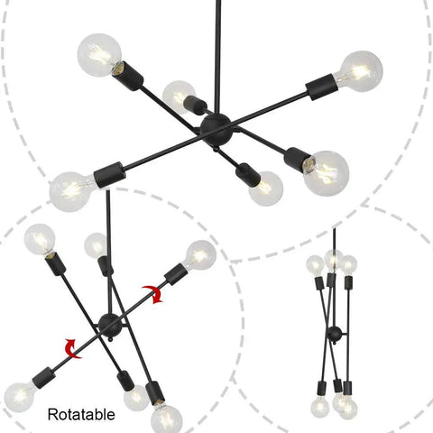 Rotatable Sputnik 8 Light Dope Vintage Industrial Ceiling Light with adjustable arms and globe bulbs in a black finish