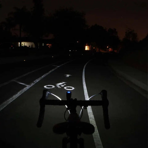 Night road lit by Lumina 1000 Boost Front Bike Light With Sabre 110 Rear Light USB Rechargeable LED Set for safe cycling.