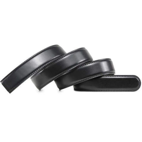 Mens Leather Ratchet Belt Strap Replacement One And Three Eighths Inch No Holes Black Belt Strap For Buckle Forty Millimeter Width Thirty Two Position All Day Comfort Micro Adjustable Ratchet System 28 To 42 Inch Waist shown coiled on white background.