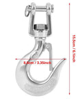 Built Like A Tank Heavy Duty Swivel Hook For Engine Hoist featuring secure safety latch and dimension details.