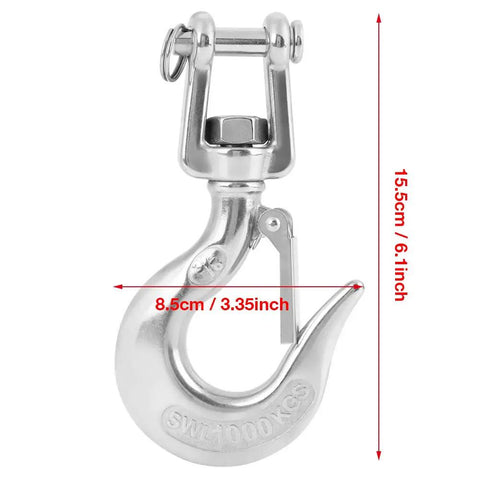 Built Like A Tank Heavy Duty Swivel Hook For Engine Hoist featuring secure safety latch and dimension details.