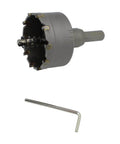 Front view of a 2-inch metal hole saw with carbide-tipped teeth and a hex key included.