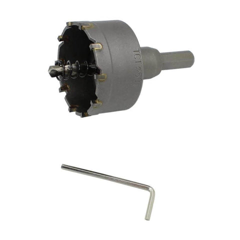 Front view of a 2-inch metal hole saw with carbide-tipped teeth and a hex key included.