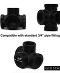 4-Way Malleable Iron Pipe Fittings For 3/4 Inch Pipes Black Painted Vintage DIY Industrial Shelving Hardware Industrial Decor And Furniture DIY Heavy Duty Pipework For Dope Rustic Creations, showing three views of connector