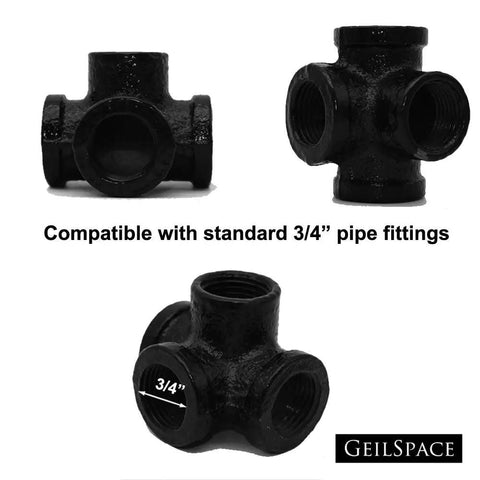 4-Way Malleable Iron Pipe Fittings For 3/4 Inch Pipes Black Painted Vintage DIY Industrial Shelving Hardware Industrial Decor And Furniture DIY Heavy Duty Pipework For Dope Rustic Creations, showing three views of connector
