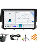 Honda Civic 2016 2021 Aftermarket Car Stereo Wireless CarPlay Android Auto GPS Navigation 9 Inch Head Unit With 4GB RAM 64GB ROM Bluetooth WiFi DSP RDS FM Camera Update Kit showing map interface and included accessories.