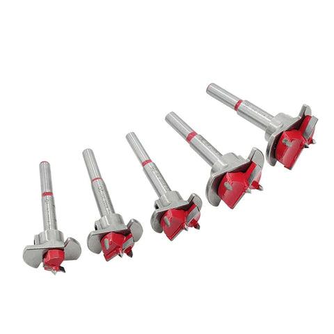 Five tungsten-carbide woodworking hinge bore bits with 15–35 mm adjustable hole saws and red cutter head