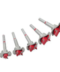 Five-piece tungsten carbide wood hole saw drill bit set, 15–35 mm, angled view
