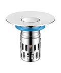 Solid Brass Universal Bathroom Sink Stopper With Pop Up Drain Strainer And Removable Filter Basket Hair Catcher top view with blue ring.