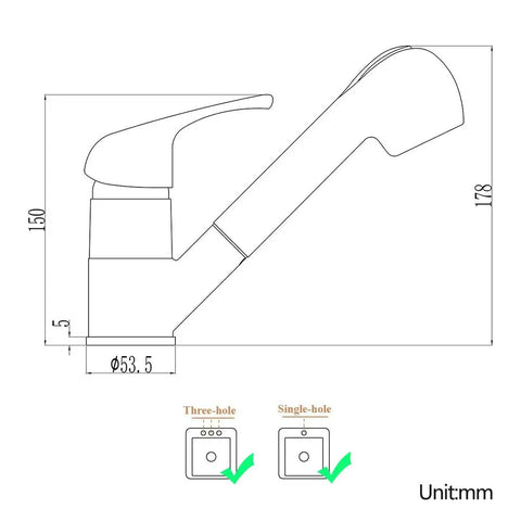 Technical drawing of Matte Black Low Profile Kitchen Faucet With Pull Out Sprayer One Handle Design for bar sinks, single hole