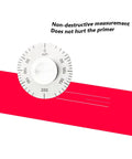 Rolling Wheel Wet Film Thickness Gauge Measures Zero To One Hundred Microns For Slick Paint And Varnish Coatings showing measurement dial on red background.
