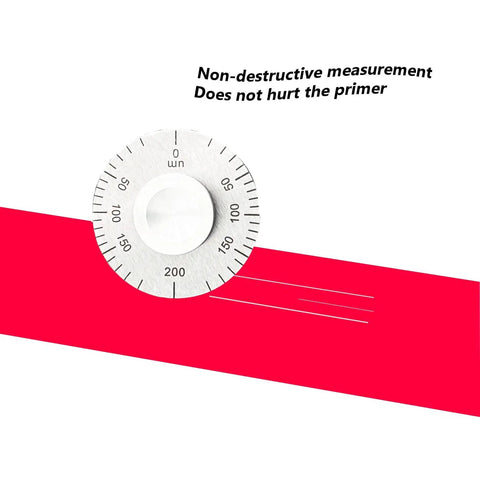 Rolling Wheel Wet Film Thickness Gauge Measures Zero To One Hundred Microns For Slick Paint And Varnish Coatings showing measurement dial on red background.