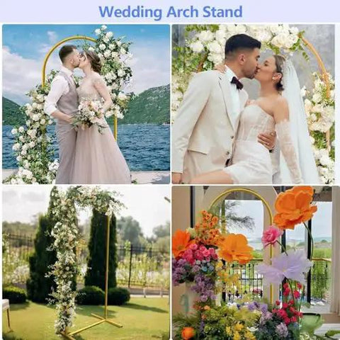 Wedding arch display with a six-foot arch backdrop stand for balloons and garlands, sturdy metal wedding frame, gold finish for events.