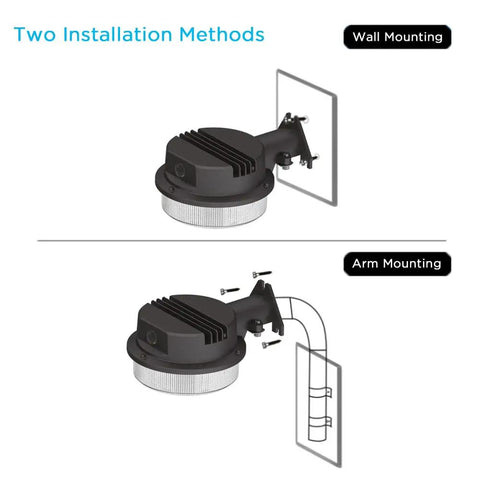Dusk to Dawn 75W LED Outdoor Barn Light With Photocell 5000K Daylight Waterproof showing wall and arm mounting methods